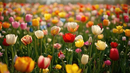 Colorful Tulips Bloom In A Sunny Field