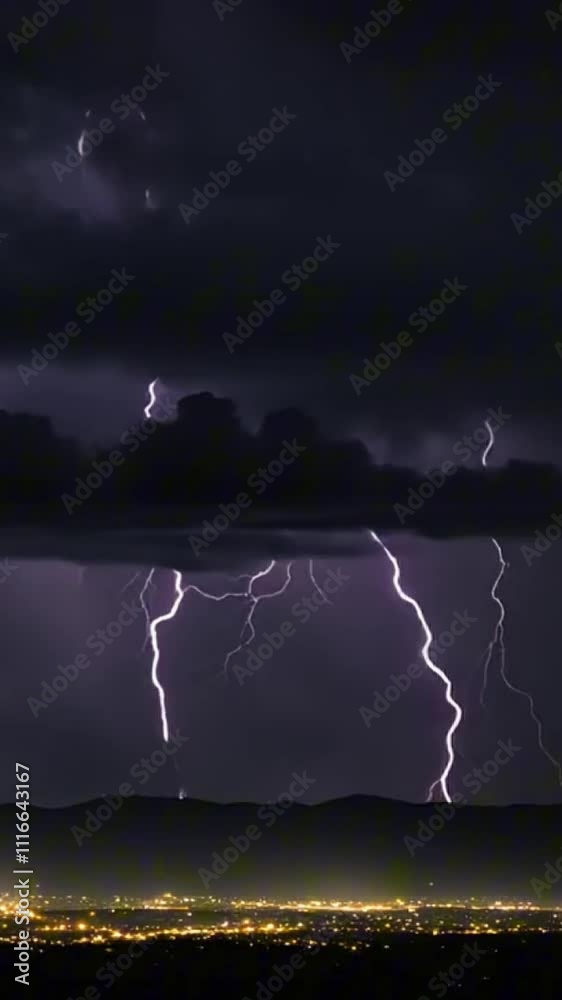Wall mural vertical 9:16 dark storm clouds with multiple lightning strikes flashing in the distance. the sky is