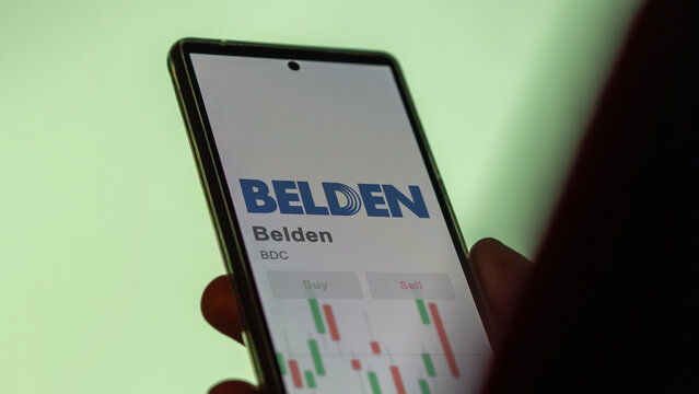 March 26th 2024, logo of Belden on a white wall in a hall building, the $BDC brand indoor.