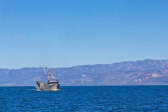 Oxnard, California - November 17, 2024: Mineo Bros Fishing Boat in the ocean near Channel Islands, California