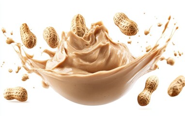 Flying scoops of peanut butter with chunks of peanuts, creamy and textured, isolated on white background