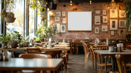 Empty Restaurant Tables with a Large Blank Sign Above