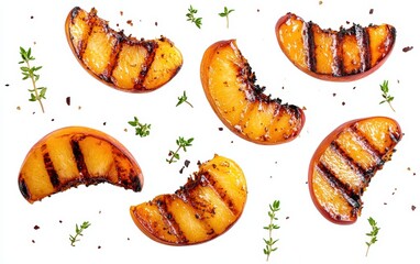 Flying slices of grilled peaches with honey glaze and thyme, warm and summery, isolated on white background