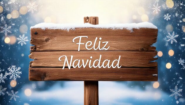 Feliz navidad, sur panneau en bois, dans un paysage enneigé