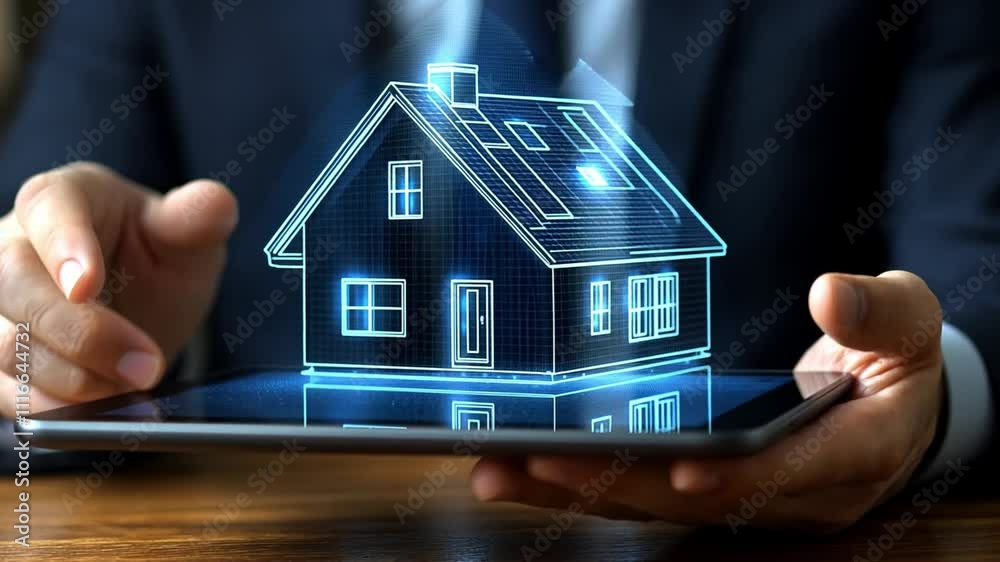 Poster digital model of a smart home displayed on a tablet in a tech-oriented environment
