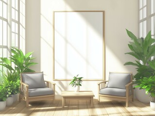 Fototapeta premium Minimalist interior design featuring two modern wooden armchairs with gray cushions