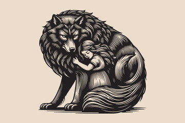 Girl hugging a giant wolf in vintage engraving style. isolated black ink illustration, print