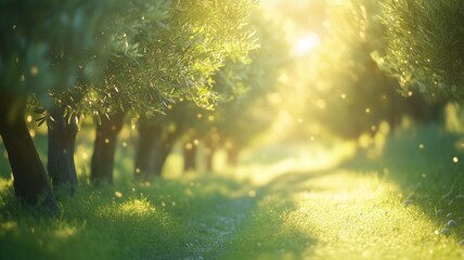 Naklejka premium Sunlit Olive Grove Path