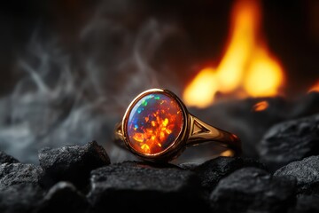 A dramatic shot of an artificial fire opal ring, its fiery colors enhanced by a background of smoldering coals.