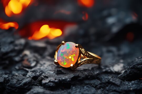 A dramatic shot of an artificial fire opal ring, its fiery colors enhanced by a background of smoldering coals.
