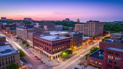 Fototapeta premium Urban cityscape at dawn, with city buildings, streets and traffic trails.