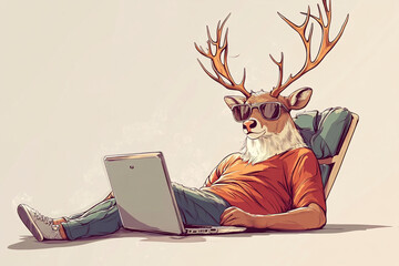 Fototapeta premium Anthropomorphic Deer in Casual Clothing Working on a Laptop in a Cozy Setting, Combining Wildlife and Technology in a Whimsical Art Illustration