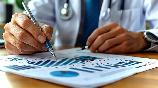 Medical professional analyzing data trends on patient graphs during office meeting