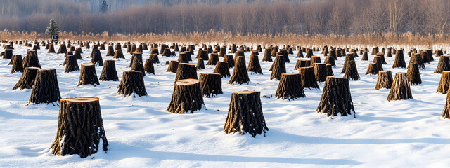 Freshly cut stumps and growing pine tree saplings in a snowy field. Growing pine trees for sale. The concept of selling Trees for Christmas.