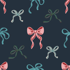 Seamless pattern of hand-drawn ribbon bows in various colors on a dark blue background. Decorative coquette design for wrapping paper, textile, wallpaper, cover, greeting cards. Vector illustration