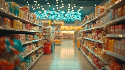 Grocery store aisle with shelves stocked with various food items.