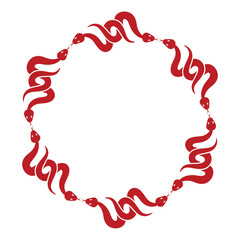 Circle stylized frame with red snakes.
