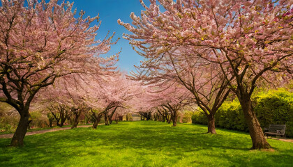 Obraz premium Blooming cherry blossom trees line a lush green pathway in a peaceful park. Bright pink flowers adorn the branches, creating a beautiful display in spring sunshine