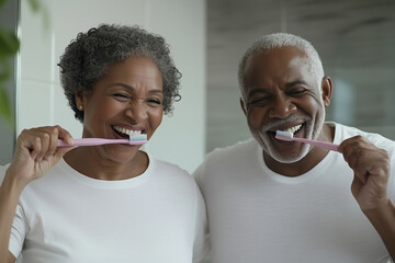 An elderly black couple wearing white t-shirt brushing their teeth together in the bathroom at home. Happy senior pair while washing morning routine