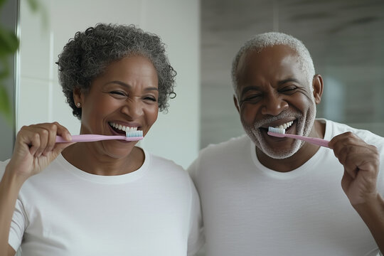 An elderly black couple wearing white t-shirt brushing their teeth together in the bathroom at home. Happy senior pair while washing morning routine