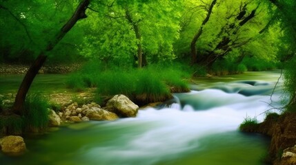 Fototapeta premium Serene forest stream flowing over rocks. Lush green trees and foliage line the banks of the tranquil waterway.