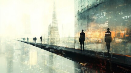 Silhouettes of people walking on a narrow walkway overlooking a futuristic city.