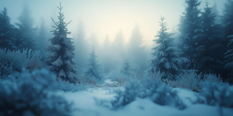 Obraz premium An abstract minimalist Christmas background featuring snow-covered trees in a foggy, serene winter landscape
