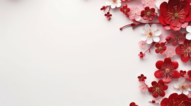 Delicate paper flowers in shades of red and pink on a white background. Chinese New Year