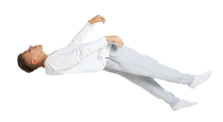 Somnambulist in pajamas on white background. Sleepwalking