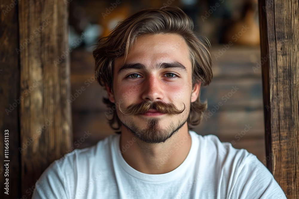 Sticker Groomed hipster with long mustache after visiting the barbershop