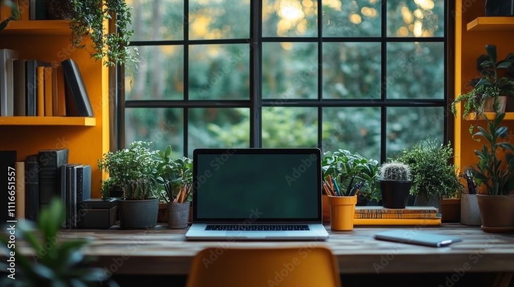 Poster a neatly arranged workspace features a laptop, various potted plants, and books on shelves under sof