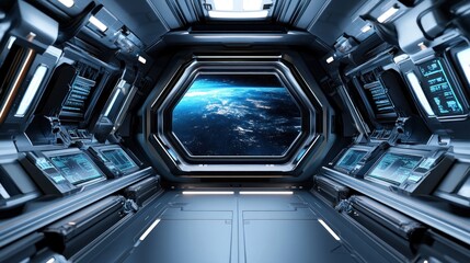 sleek, high-tech spaceship interior showcases glowing control panels. large window reveals a stunning view of Earth against the backdrop of space, highlighting advanced technology