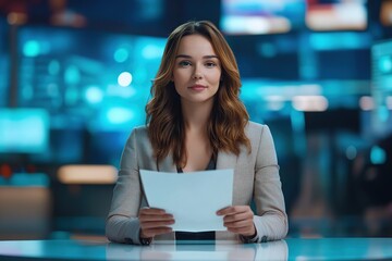 Live report of TV news, female TV presenter dressed in suit and broadcasting on television