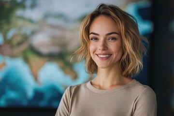 Fototapeta premium Female meteorologist reporting weather broadcasting on television