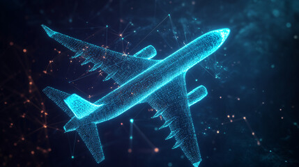 A stylized airplane icon with glowing data trails representing online travel booking, real-time flight data, and aviation tech innovation. 