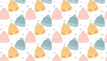 Winter seamless pattern with hats in vector. 