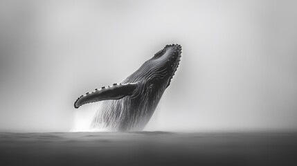 Fototapeta premium A humpback whale breaches the ocean surface in a misty, monochrome scene.