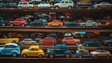 Obraz premium Vintage Car Models Display on Wooden Shelves