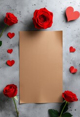 Ein Blatt Kraftpapier auf grauem Betonhintergrund, umrahmt von roten Rosen und Herzen. Perfekt als Mockup f&uuml;r romantische Men&uuml;s, Karten oder Einladungen. Generative KI.