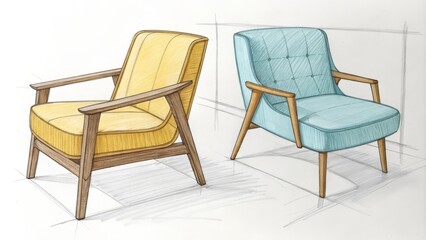 Fototapeta premium Mid-Century Modern Armchair Design Colored Pencil Rendering, Two-Chair Composition
