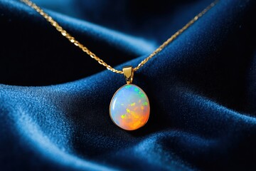 A single, exquisite artificial opal pendant on a thin gold chain, set against a deep blue velvet backdrop.