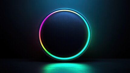 Fototapeta premium Circular glowing neon object on dark reflective surface.