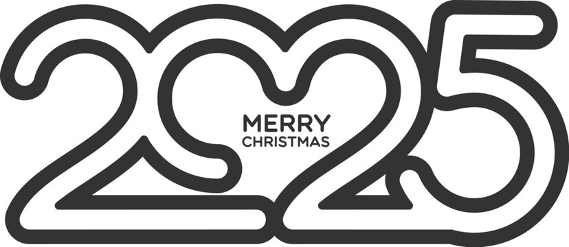 2025 Calendar number. Vector minimalist black and white New year typography with a heart shape integrated into the numbers 2025 and merry Christmas text. modern holiday festive greetings or cover - Powered by Adobe