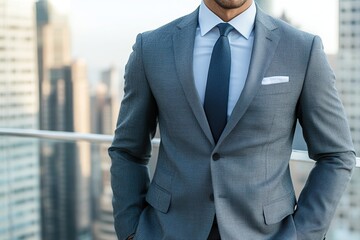 Successful businessman standing on a rooftop of a high skyscraper building