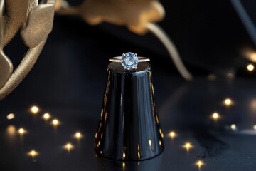 A single statement artificial sapphire ring on a glossy ebony stand, surrounded by tiny LED lights.