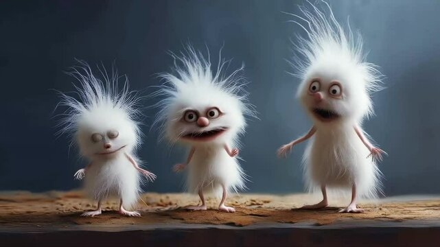three cute fluffy monsters sing and dance