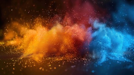 Obraz premium Vibrant explosion of colorful powder, orange and blue hues against a dark background. Abstract and dynamic display of colors. Particles swirling in motion.
