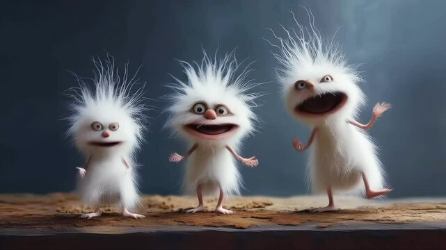 three cute fluffy monsters sing and dance