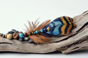 A unique artificial feather and bead necklace artfully arranged on a piece of driftwood, incorporating natural elements.