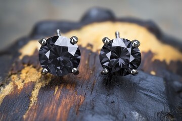 A striking set of artificial black diamond stud earrings on a piece of charred wood, enhancing their bold look.